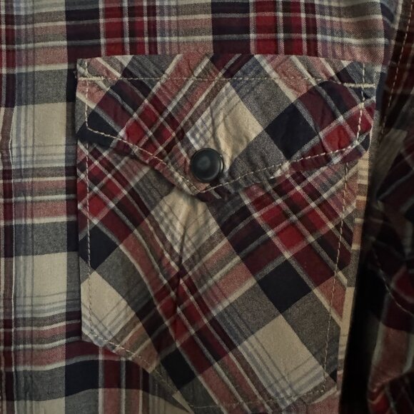 American Eagle Men's tan-black-red Plaid Long-sleeve, buttoned Shirt, size XS/TP - Picture 4 of 8